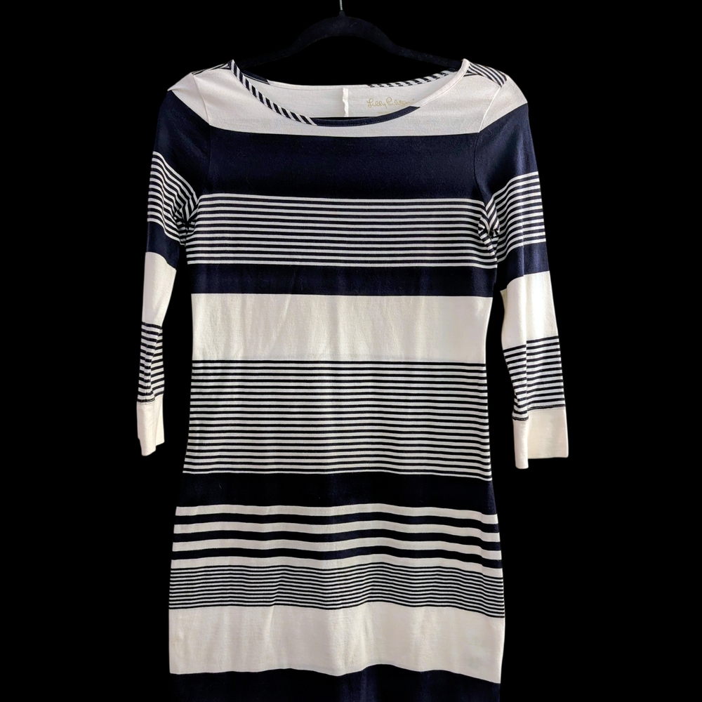 Lilly Pulitzer Striped Pima Cotton Dress Blue White 3/4 Sleeve Nautical Size XS